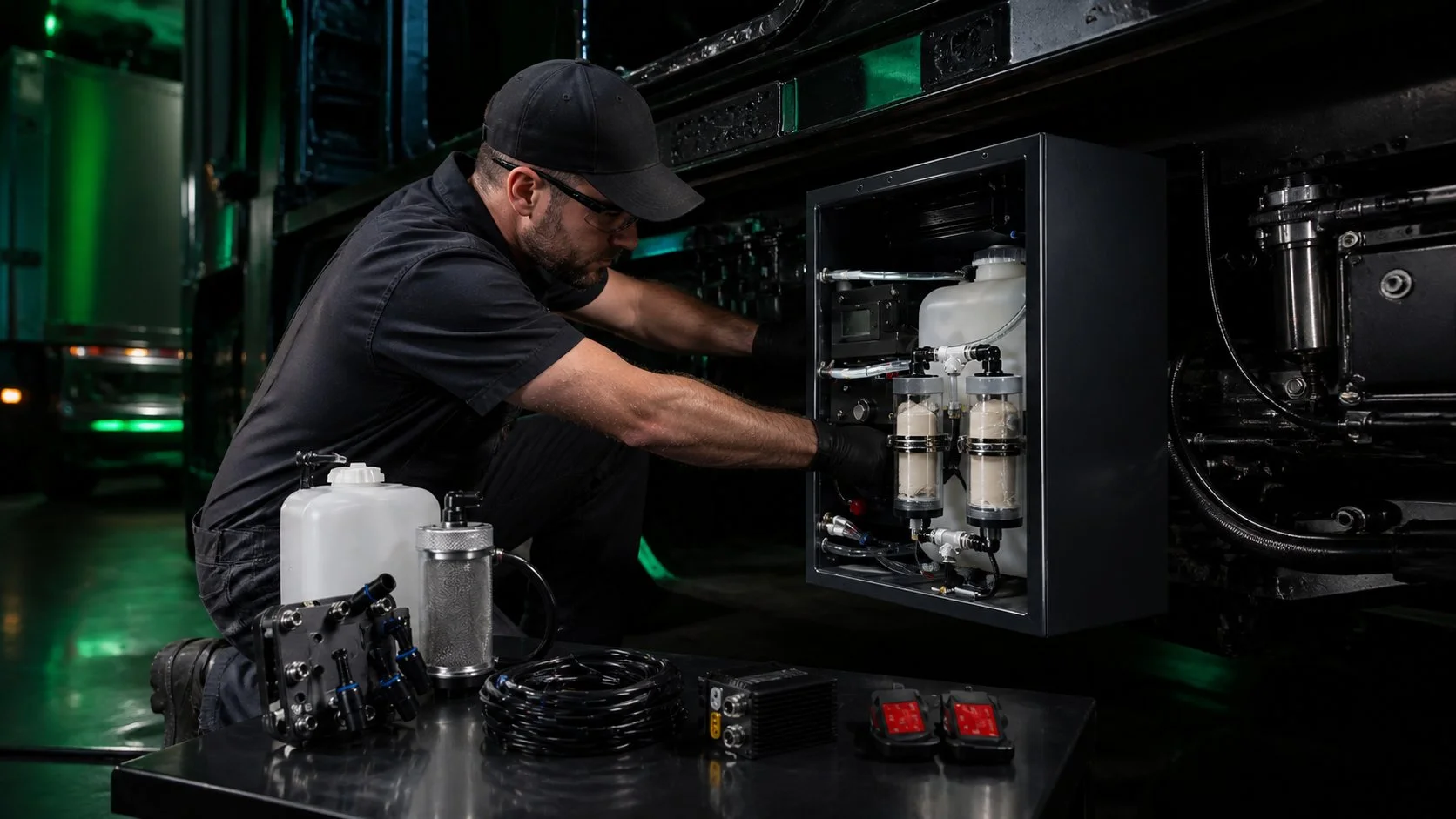 Técnico instalando kit de inyección de hidrógeno en unidad de flota